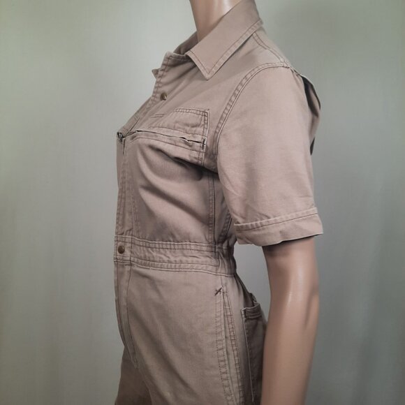 Vintage 70s Jumpsuit Flare Wide Leg Size S Utility Flight Suit Beige Full Zip - Picture 7 of 10